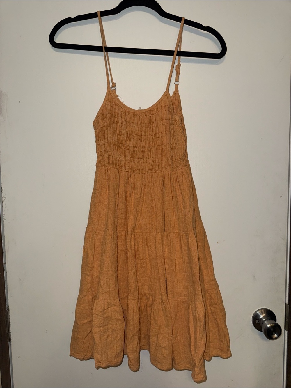 Altar’d State Smocked Tiered Spaghetti-Strap Dress in Mustard